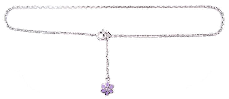 Sterling Silver 9" Chain Anklet with Dangling CZ and Purple Flower Charm - Silver Insanity