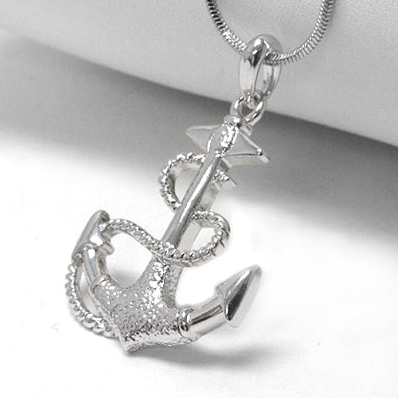 Anchor and Rope White Gold Plated Pendant 17" Necklace - Silver Insanity