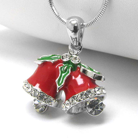 Christmas Cheer Holiday Bells with Mistletoe - 17" Pendant Necklace - Silver Insanity
