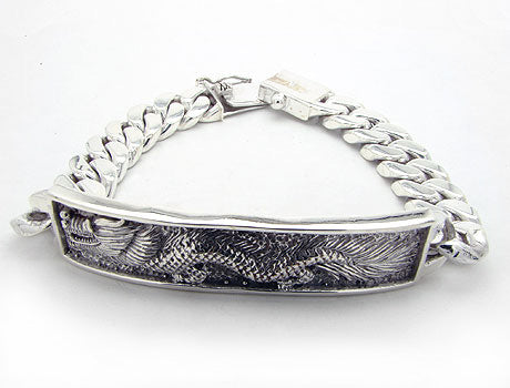 79gram Heavy Sterling Silver Antiqued Dragon Center Chain Bracelet 8" - Silver Insanity