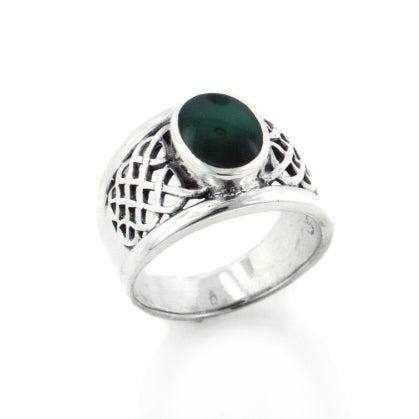 Celtic Knot Sterling Silver and Green Agate Inlay Wide Mens Band Ring - Silver Insanity