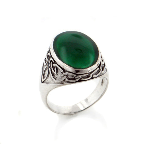 Mens Celtic Knotwork Sterling Silver and Green Agate Inlay Band Ring - Silver Insanity