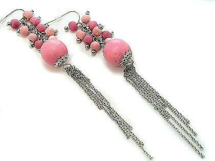 Shoulder Duster Pink Wood Beaded Cluster 5" Long Chain Cascading Hook Earrings - Silver Insanity