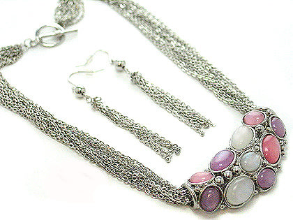 Lucite Stone Slide Pendant Chain Necklace Earrings Set - Silver Insanity