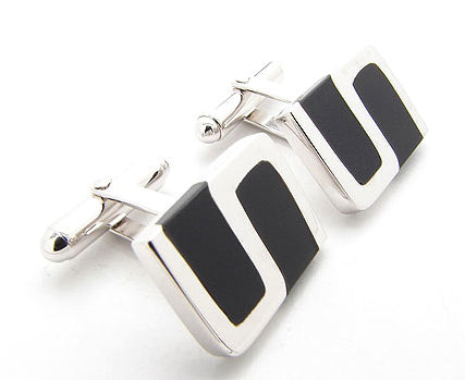 Rhodium Plated Sterling Silver Cufflinks with Black Onyx Inlay S Design - Silver Insanity