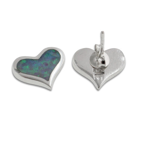Sterling Silver Inlaid Simulated Blue Opal Heart Studs Earrings - Silver Insanity