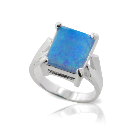 Large Emerald-Cut Created Rectangular Blue Opal Sterling Silver Ring - Silver Insanity
