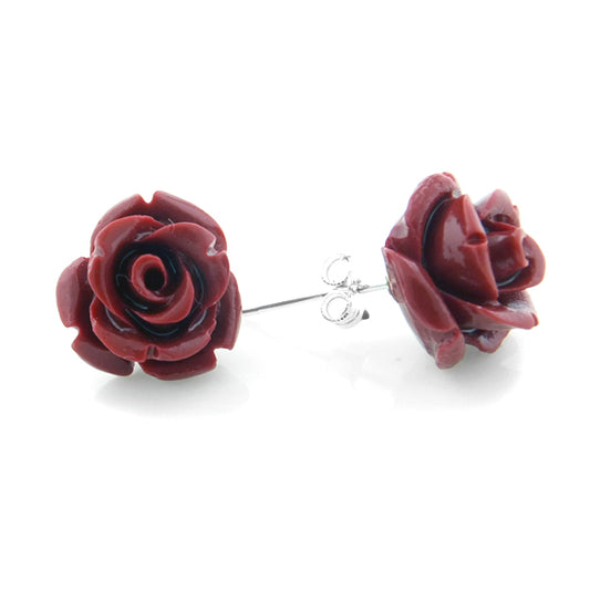 Red Rose of Beauty Sterling Silver Post Stud Earrings - Silver Insanity