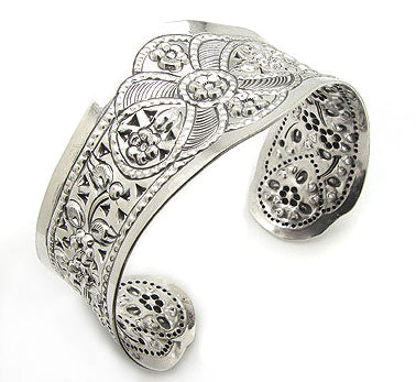 Wide Flower Design Embossed Sterling Silver Cuff Bracelet - Silver Insanity