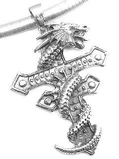 Large Heavy 2.5" Sterling Silver Gothic Dragon Wrapped Two-Barred Cross Pendant - Silver Insanity
