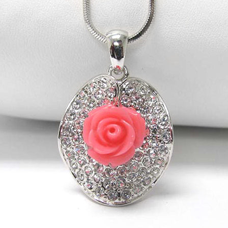 Precious Pink Rose with White Crystals Pendant 15" Snake Chain Necklace - Silver Insanity
