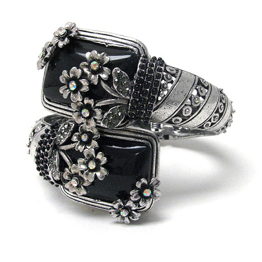 Art Deco Black with Crystal Flowers Bypass Hinged Bangle Bracelet 7" - Silver Insanity