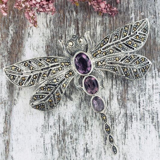 Dragonfly Brooch Pin - Marcasite and Purple Glass