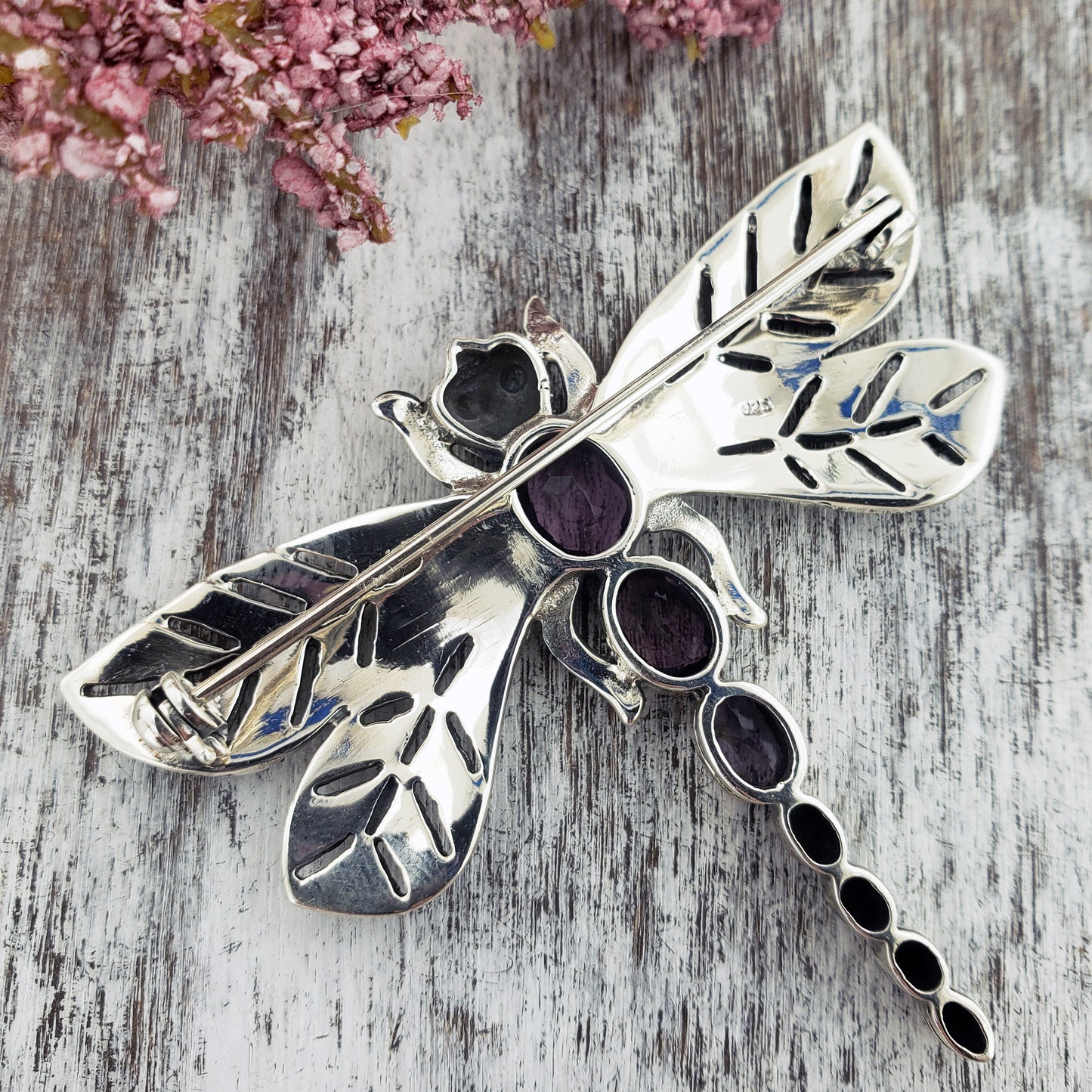Dragonfly Brooch Pin - Marcasite and Purple Glass