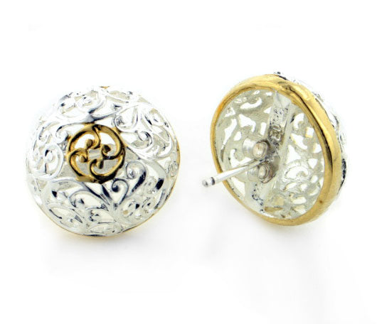 Sterling Silver Filigree Domed Two-Tone Round Button Earrings - Silver Insanity