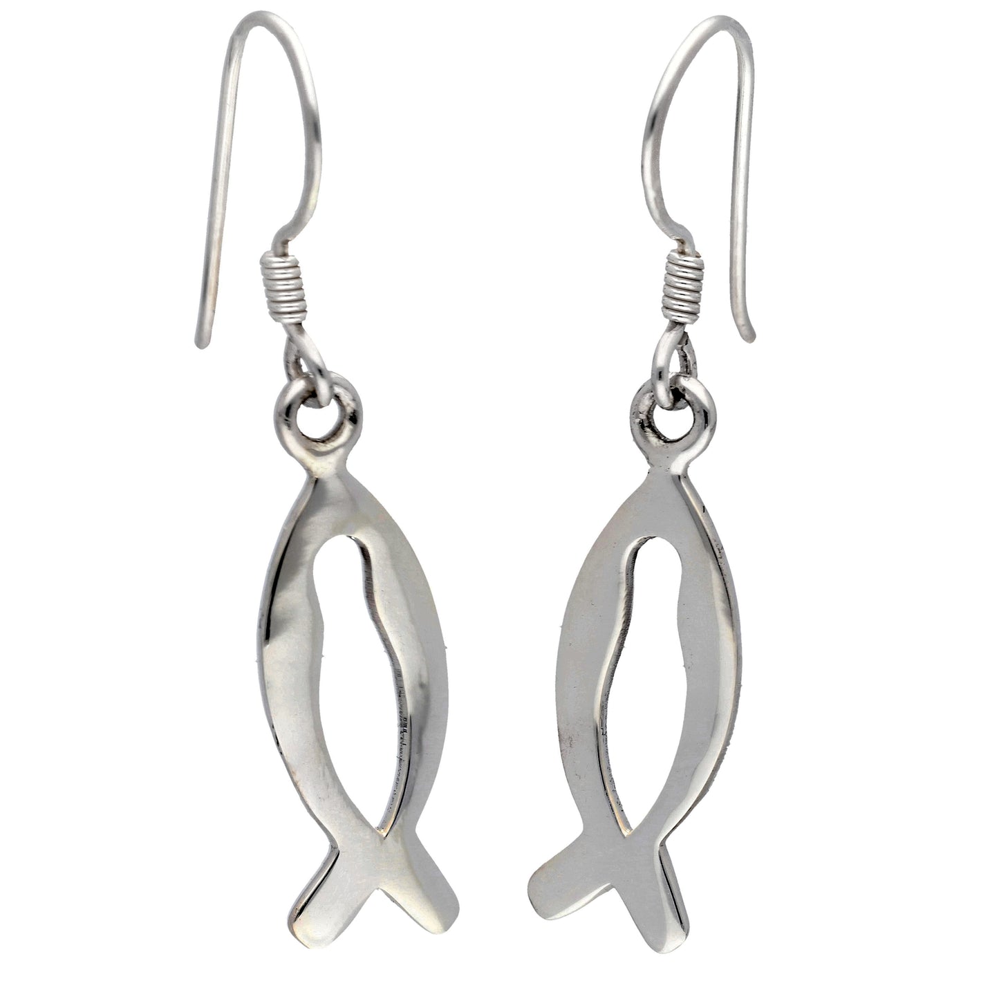 Sterling Silver Christian Fish Symbol Dangle Hook Earrings - Silver Insanity