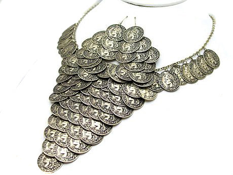 Cascading Antiqued French Coin Brass-Tone 17" Necklace and Hook Earrings Set - Silver Insanity