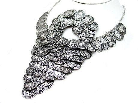 Cascading Antiqued French Coin Silver-Tone 17" Necklace and Hook Earrings Set - Silver Insanity