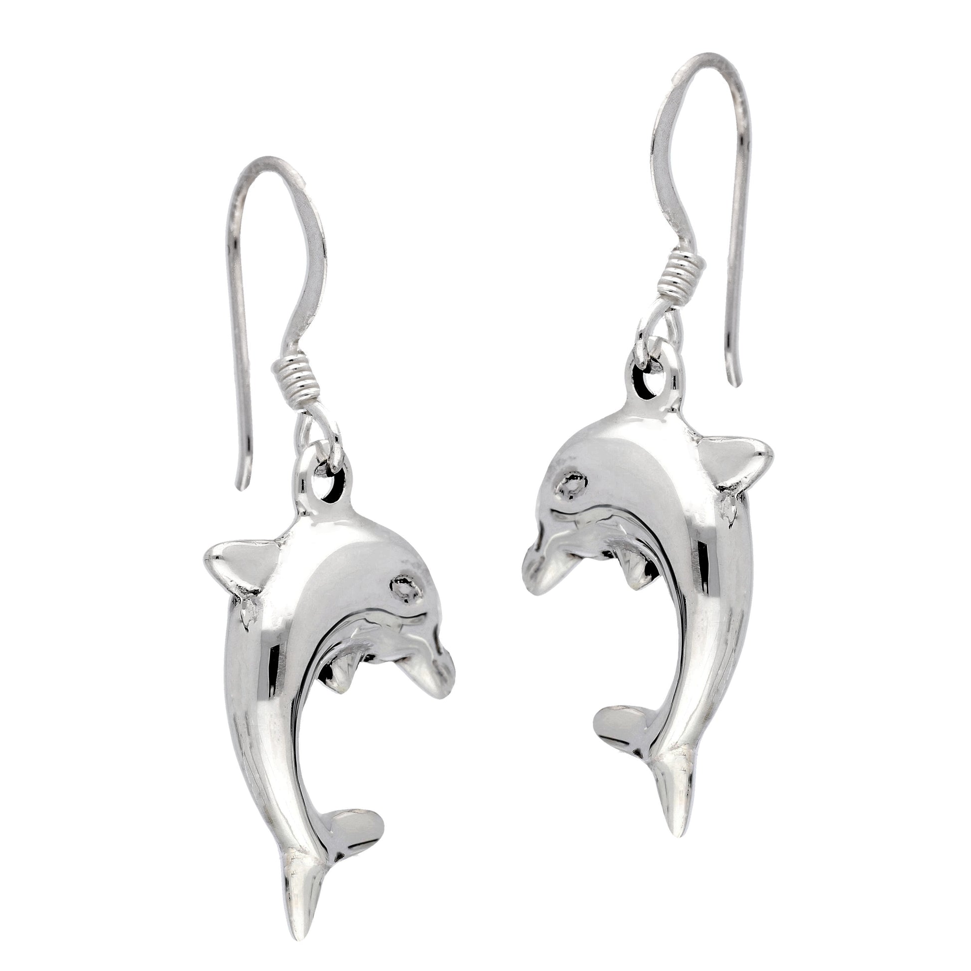 Puffed 3D Sterling Silver Diving Dolphin Hook Earrings - Silver Insanity
