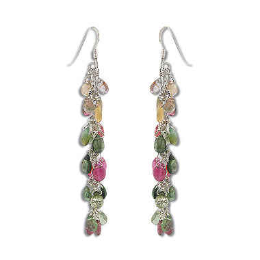 Natural Tourmaline Briolette Gemstones - Dangling Chain Sterling Silver Earrings - Silver Insanity