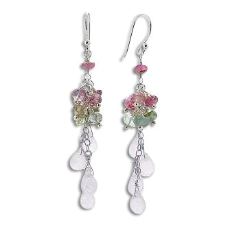 Natural Rainbow Moonstone and Tourmaline Sterling Silver Beaded Chain Earrings - Silver Insanity