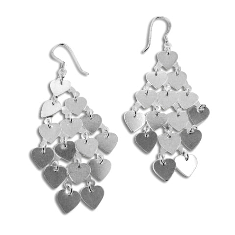 Cascading Shower of Hearts Tiered Hook Sterling Silver Earrings - Silver Insanity