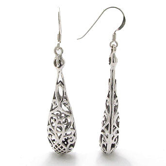 Sterling Silver Filigree Dangle Puffed Teardrop Earrings - Silver Insanity