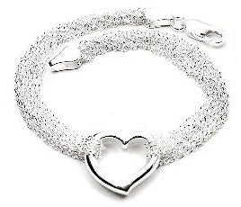 Sterling Silver Multi Strand Chain and Open Heart Bracelet - 7.5" - Silver Insanity