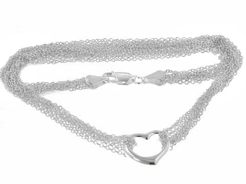 Sterling Silver Multi Strand Chain and Floating Open Heart Necklace - 18" - Silver Insanity