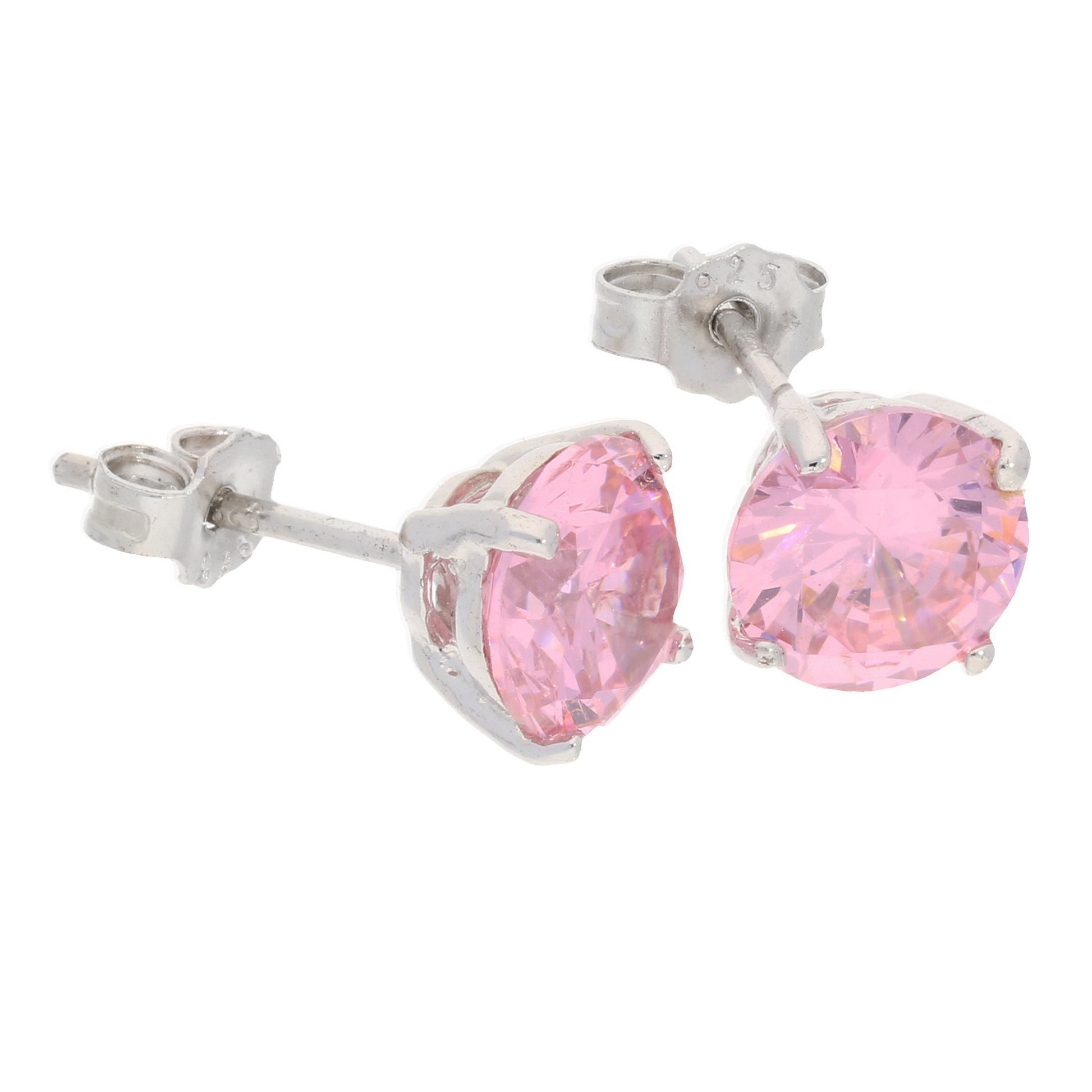 7mm Sterling Silver Pink Ice Round CZ Stud Post Earrings - Silver Insanity