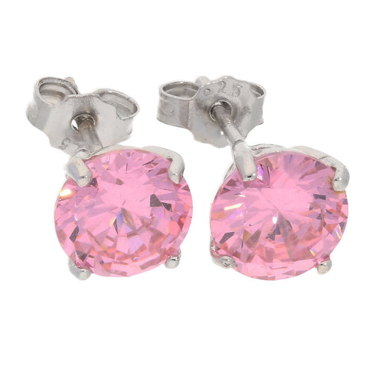 7mm Sterling Silver Pink Ice Round CZ Stud Post Earrings - Silver Insanity