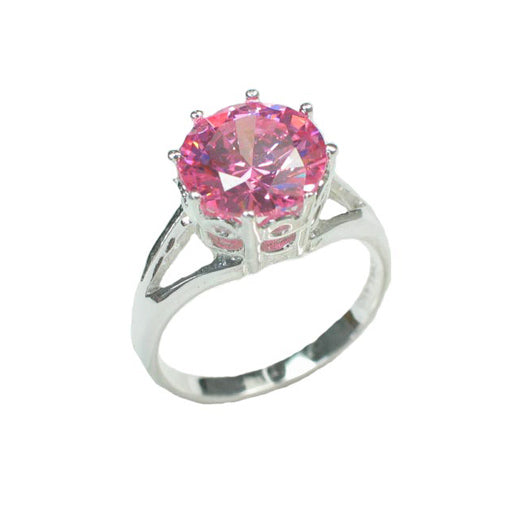 Bright Pink Ice CZ Solitaire 10mm Round Sterling Silver Engagement Ring - Silver Insanity