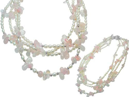4-Strand Genuine Freshwater Pearl and Rose Quartz Sterling Silver Neck ...