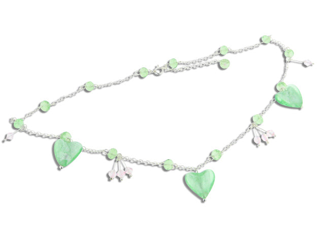 Sterling Silver Green Heart Foil Glass Beaded Necklace 16" - 18" - Silver Insanity