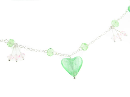 Sterling Silver Green Heart Foil Glass Beaded Necklace 16" - 18" - Silver Insanity