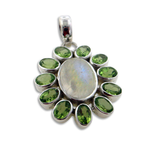 Green Flower - Genuine Rainbow Moonstone and Peridot Sterling Silver Pendant - Silver Insanity