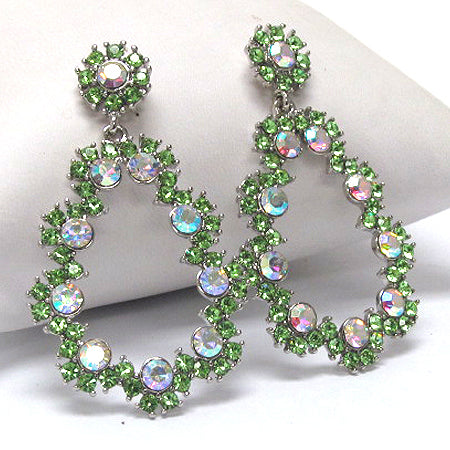 Large 60's Antique Style Green Crystal Flower Dangle Post Earrings - Silver Insanity