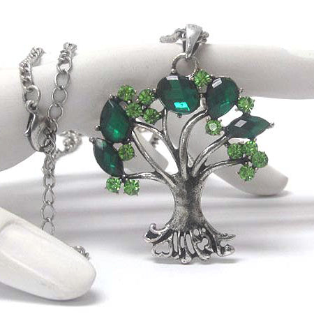 Springtime Tree with Green Crystal Leaves Pendant Adjustable Silvertone Necklace - Silver Insanity