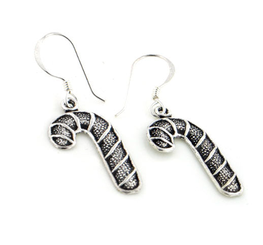 Antiqued Candy Cane Christmas Sterling Silver Hook Earrings - Silver Insanity
