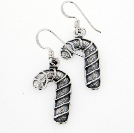 Antiqued Candy Cane Christmas Sterling Silver Hook Earrings - Silver Insanity