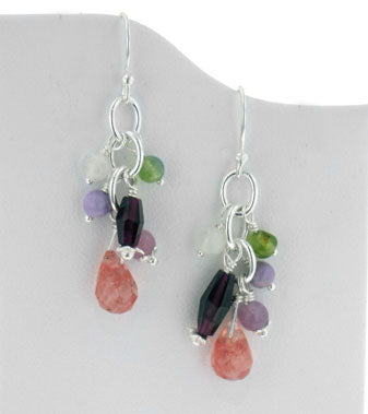 Sterling Silver Gemstone Beaded Hook Earrings with Cherry Quartz Briolette Drops - Silver Insanity