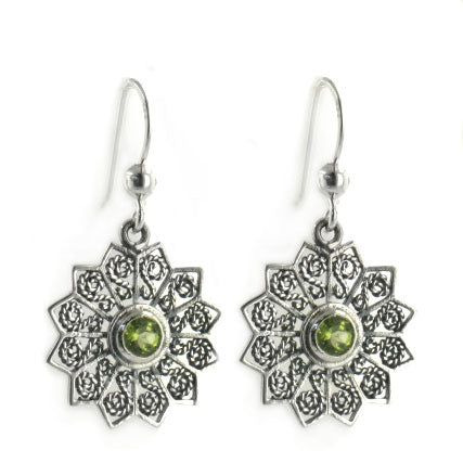 Flower Starbursts with Genuine Peridot Filigree Sterling Silver Hook Earrings - Silver Insanity