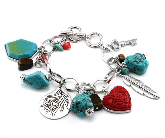 Super Chunky Turquoise Charm Bracelet - Cinnabar Heart, Feather, and Key - Silver Insanity