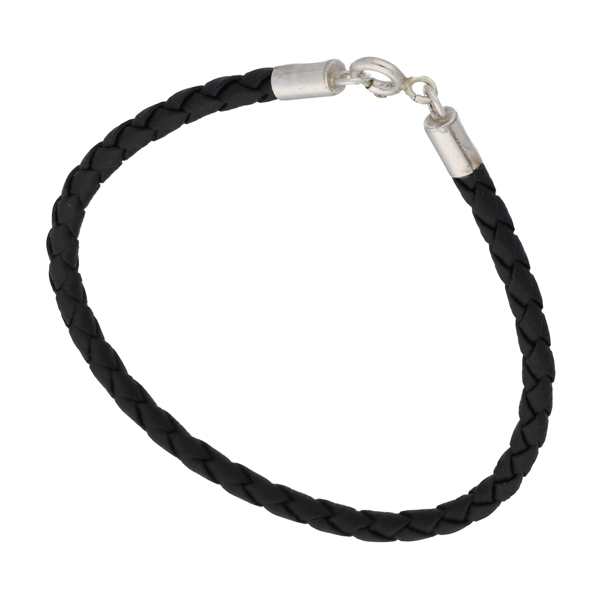 Sterling Silver and Braided Black Faux Leather Bracelet - 8" - Silver Insanity