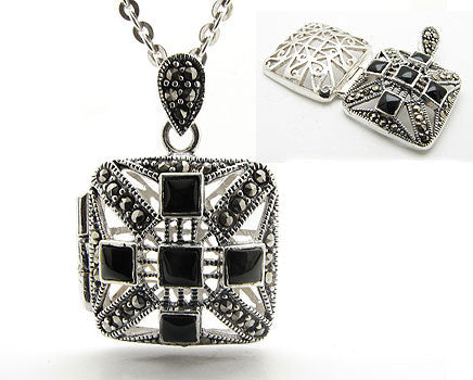 Marcasite Black Onyx Sterling Silver Pendant Necklace - Silver Insanity