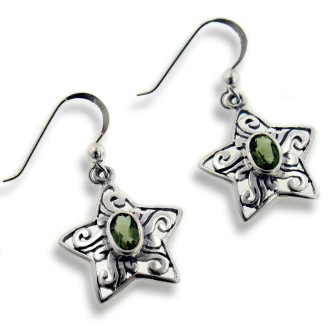 Genuine Green Moldavite Scrollwork Sterling Silver Star Hook Earrings - Silver Insanity