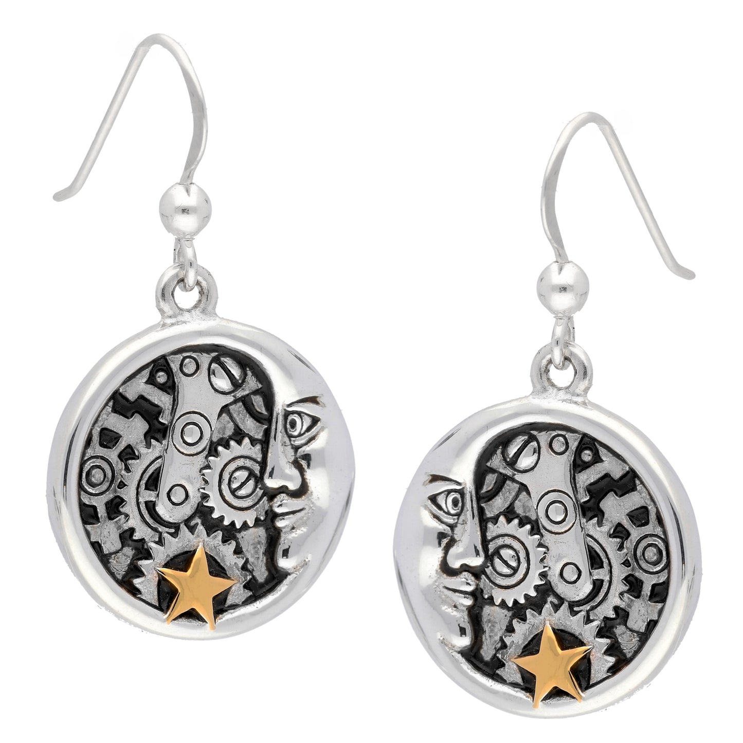 Lunar Crescent Moon Steampunk Clockwork Sterling Silver Hook Earrings - Silver Insanity