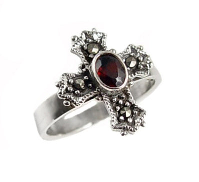 Medieval Cross with Marcasite and Garnet Sterling Silver Ring - Silver Insanity