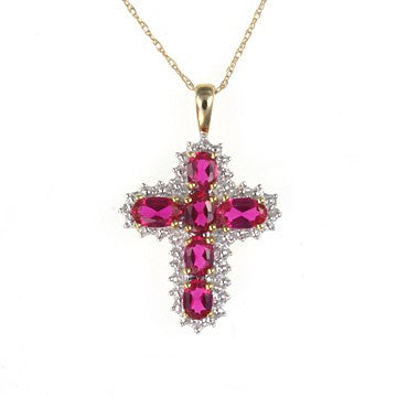 2.1cttw Pinkish Red Ruby Cross 10K Yellow Gold Necklace - Silver Insanity