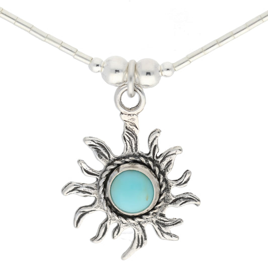 Liquid Silver Necklace with Round Turquoise Stone Sun Sterling Pendant - Silver Insanity